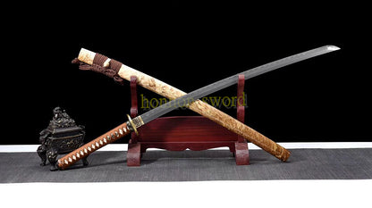 Japanisches Samurai-Schwert Katana aus schwarzem gefaltetem Stahl, Full Tang, handgefertigt, scharfe Klinge, schwarz 