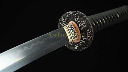 Japanisches Samurai-Schwert Katana aus schwarzem gefaltetem Stahl, Full Tang, handgefertigt, scharfe Klinge, schwarz 