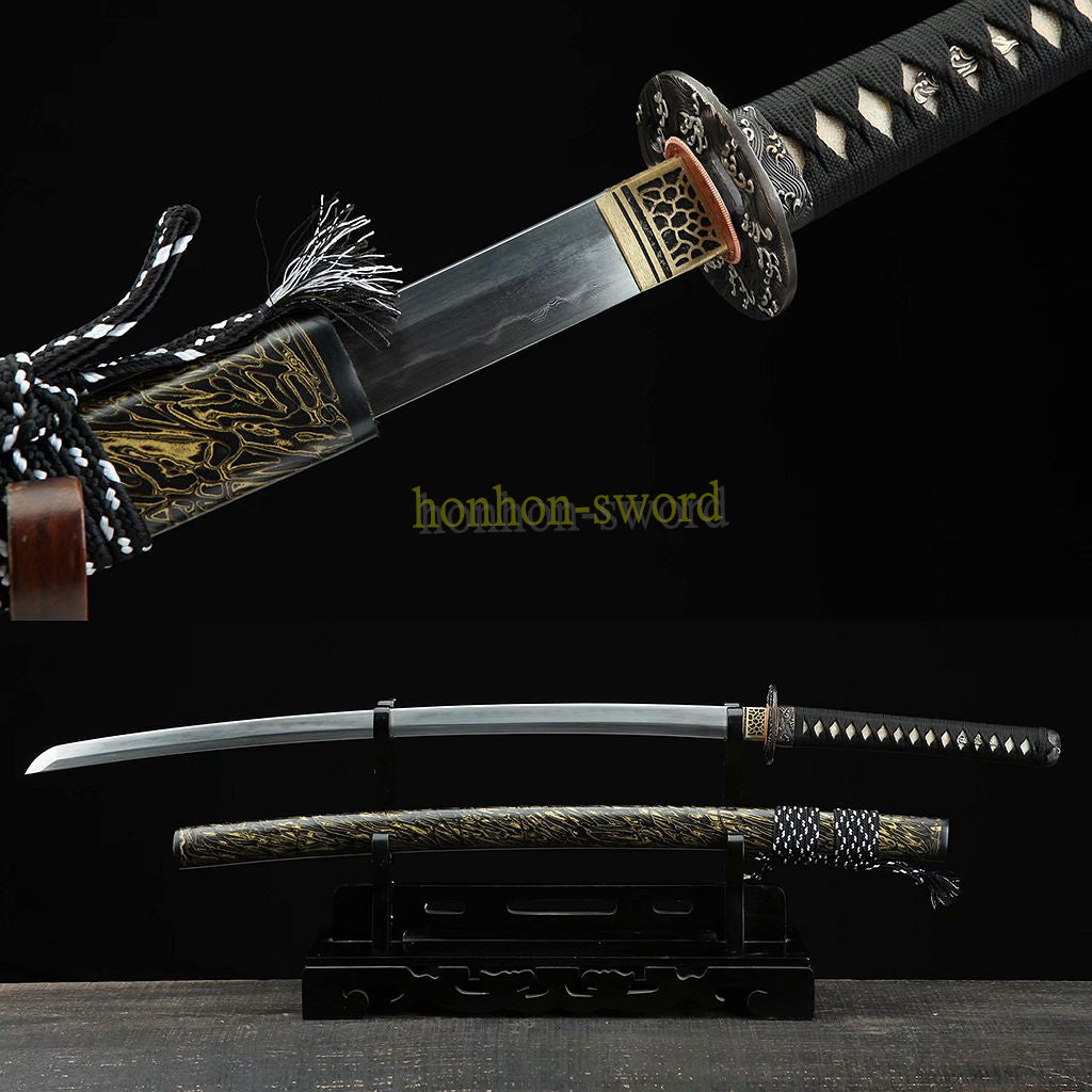 Japanisches Samurai-Schwert Katana aus schwarzem gefaltetem Stahl, Full Tang, handgefertigt, scharfe Klinge, schwarz 