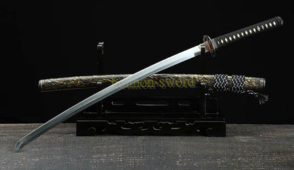 Japanisches Samurai-Schwert Katana aus schwarzem gefaltetem Stahl, Full Tang, handgefertigt, scharfe Klinge, schwarz 