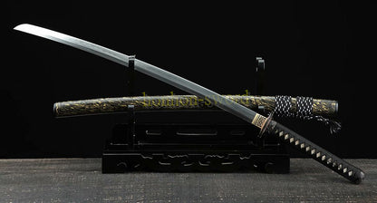 Japanisches Samurai-Schwert Katana aus schwarzem gefaltetem Stahl, Full Tang, handgefertigt, scharfe Klinge, schwarz 