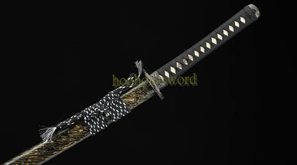 Japanisches Samurai-Schwert Katana aus schwarzem gefaltetem Stahl, Full Tang, handgefertigt, scharfe Klinge, schwarz 