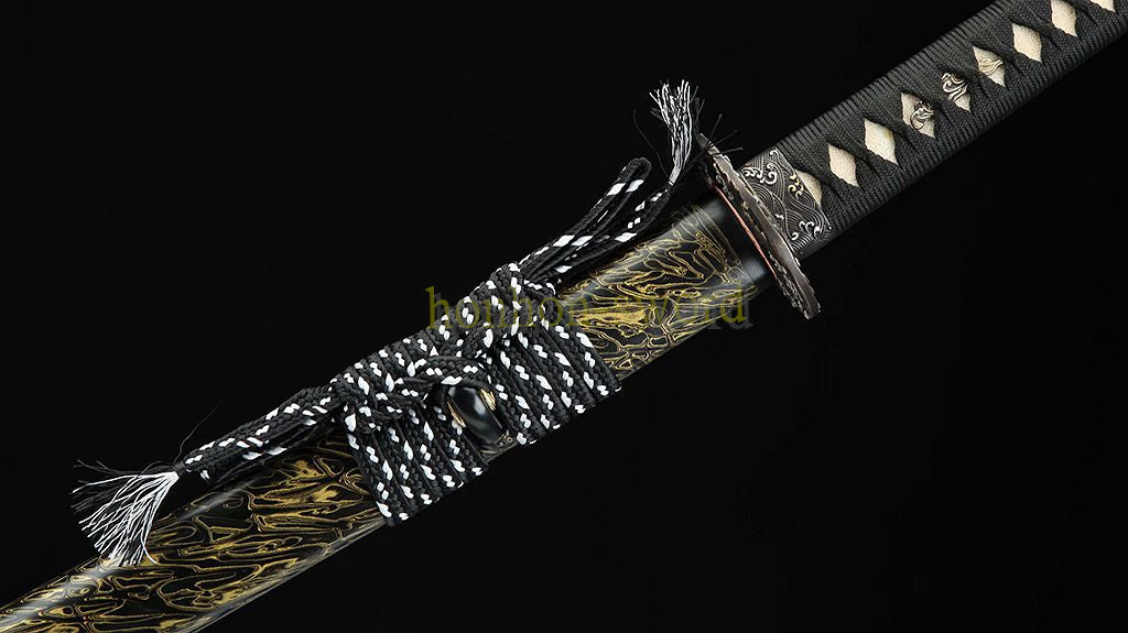 Japanisches Samurai-Schwert Katana aus schwarzem gefaltetem Stahl, Full Tang, handgefertigt, scharfe Klinge, schwarz 