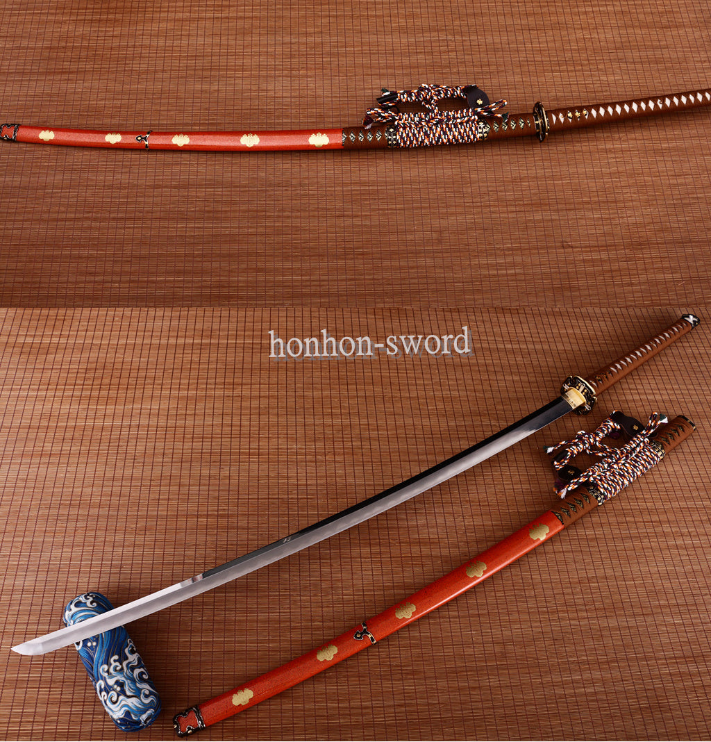 Japanisches Samurai-Schwert Katana aus schwarzem gefaltetem Stahl, Full Tang, handgefertigt, scharfe Klinge, schwarz 