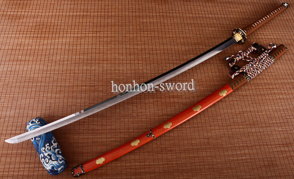 Japanisches Samurai-Schwert Katana aus schwarzem gefaltetem Stahl, Full Tang, handgefertigt, scharfe Klinge, schwarz 