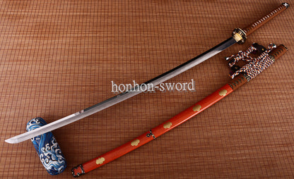 Japanisches Samurai-Schwert Katana aus schwarzem gefaltetem Stahl, Full Tang, handgefertigt, scharfe Klinge, schwarz 
