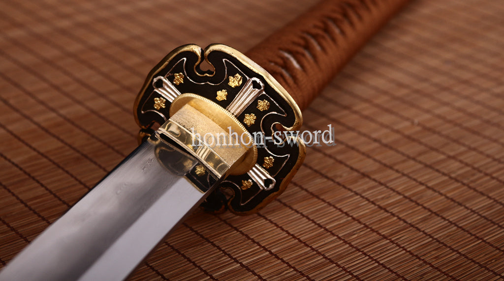 Japanisches Samurai-Schwert Katana aus schwarzem gefaltetem Stahl, Full Tang, handgefertigt, scharfe Klinge, schwarz 