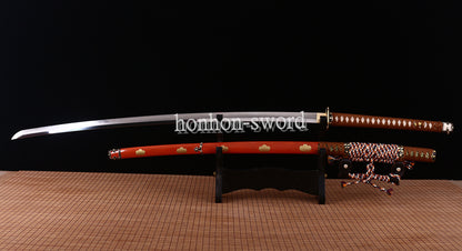 Japanisches Samurai-Schwert Katana aus schwarzem gefaltetem Stahl, Full Tang, handgefertigt, scharfe Klinge, schwarz 