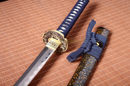 Japanisches Samurai-Schwert Katana aus schwarzem gefaltetem Stahl, Full Tang, handgefertigt, scharfe Klinge, schwarz 