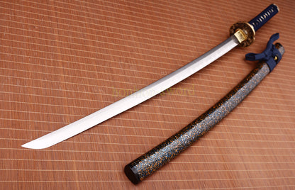 Japanisches Samurai-Schwert Katana aus schwarzem gefaltetem Stahl, Full Tang, handgefertigt, scharfe Klinge, schwarz 