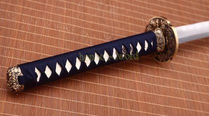 Japanisches Samurai-Schwert Katana aus schwarzem gefaltetem Stahl, Full Tang, handgefertigt, scharfe Klinge, schwarz 