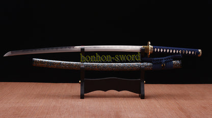 Japanisches Samurai-Schwert Katana aus schwarzem gefaltetem Stahl, Full Tang, handgefertigt, scharfe Klinge, schwarz 