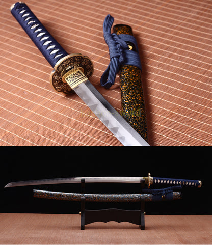 Japanisches Samurai-Schwert Katana aus schwarzem gefaltetem Stahl, Full Tang, handgefertigt, scharfe Klinge, schwarz 