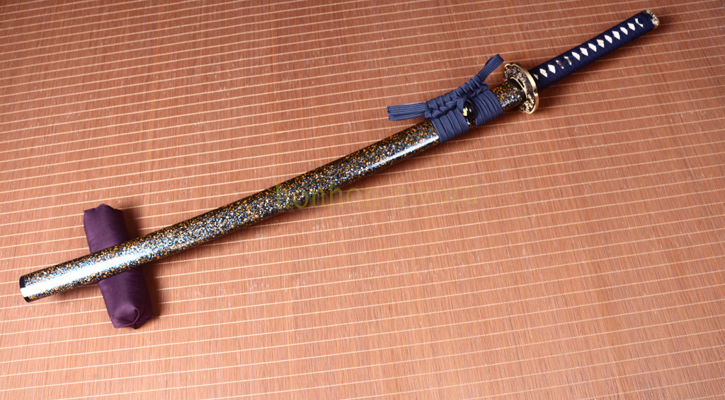 Japanisches Samurai-Schwert Katana aus schwarzem gefaltetem Stahl, Full Tang, handgefertigt, scharfe Klinge, schwarz 