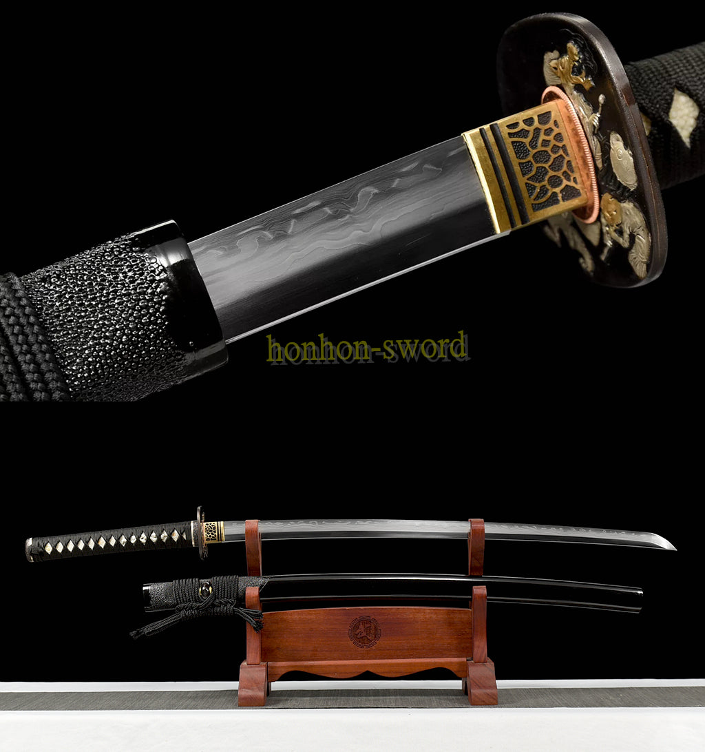 Épée de samouraï japonaise en acier plié noir, katana, lame tranchante faite à la main, noire 
