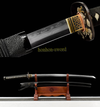 Épée de samouraï japonaise en acier plié noir, katana, lame tranchante faite à la main, noire 