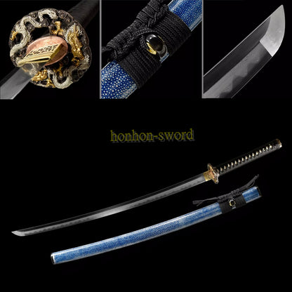 Japanisches Samurai-Schwert Katana aus schwarzem gefaltetem Stahl, Full Tang, handgefertigt, scharfe Klinge, schwarz 