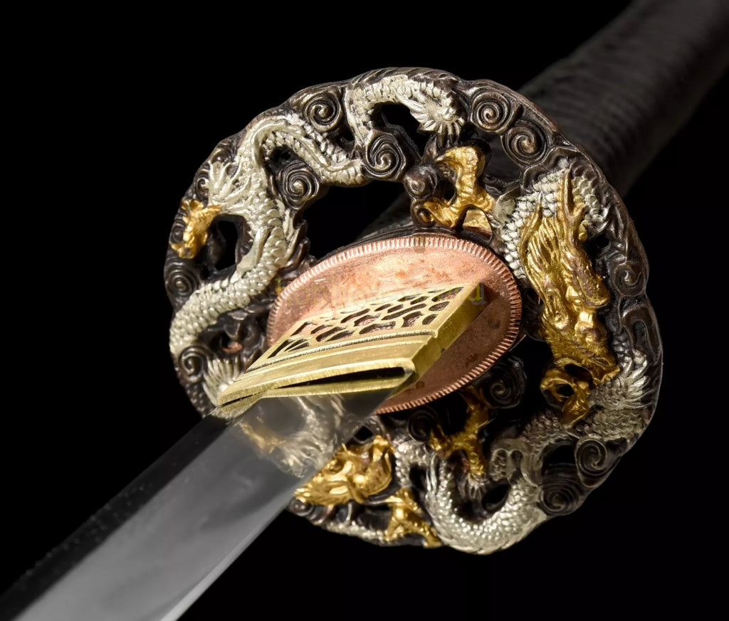 Japanisches Samurai-Schwert Katana aus schwarzem gefaltetem Stahl, Full Tang, handgefertigt, scharfe Klinge, schwarz 