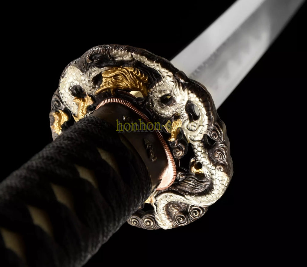 Japanisches Samurai-Schwert Katana aus schwarzem gefaltetem Stahl, Full Tang, handgefertigt, scharfe Klinge, schwarz 