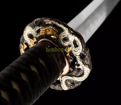 Japanisches Samurai-Schwert Katana aus schwarzem gefaltetem Stahl, Full Tang, handgefertigt, scharfe Klinge, schwarz 