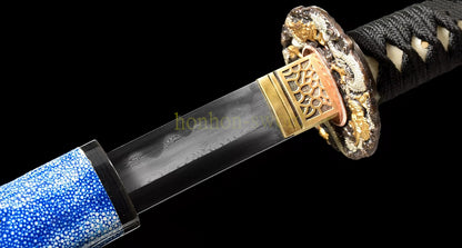 Japanisches Samurai-Schwert Katana aus schwarzem gefaltetem Stahl, Full Tang, handgefertigt, scharfe Klinge, schwarz 