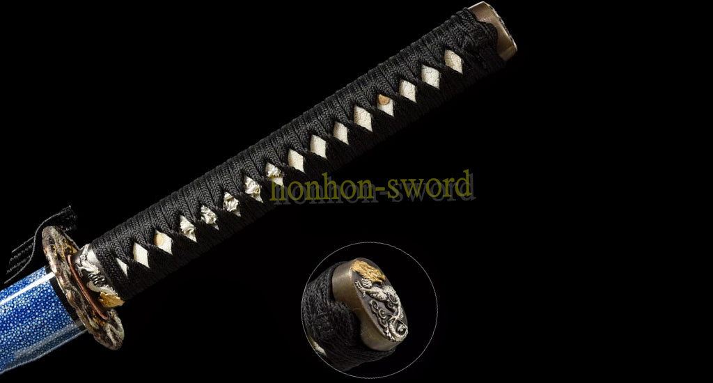 Japanisches Samurai-Schwert Katana aus schwarzem gefaltetem Stahl, Full Tang, handgefertigt, scharfe Klinge, schwarz 