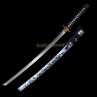 Épée de samouraï japonaise en acier plié noir, katana, lame tranchante faite à la main, noire 