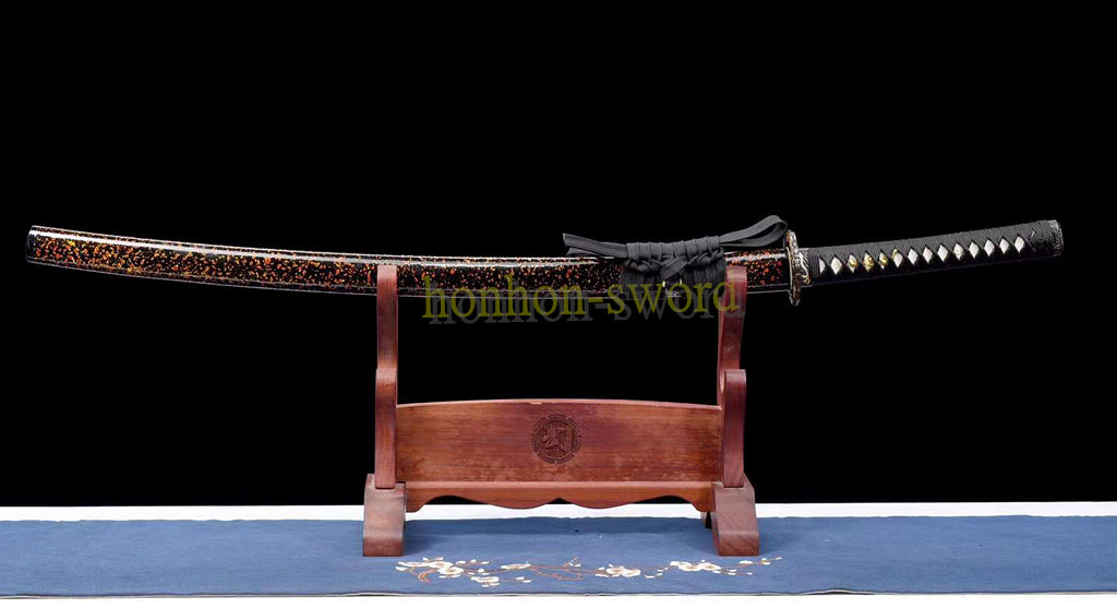 Functional Damascus Folded Steel Clay Tempered Katana Japanese Samurai Sword Black and Red