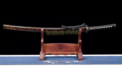 Functional Damascus Folded Steel Clay Tempered Katana Japanese Samurai Sword Black and Red