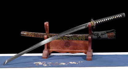 Functional Damascus Folded Steel Clay Tempered Katana Japanese Samurai Sword Black and Red