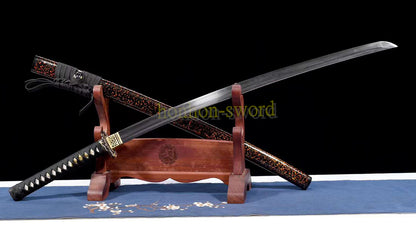 Functional Damascus Folded Steel Clay Tempered Katana Japanese Samurai Sword Black and Red