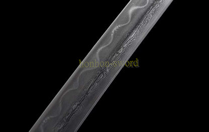 Functional Damascus Folded Steel Clay Tempered Katana Japanese Samurai Sword Black and Red