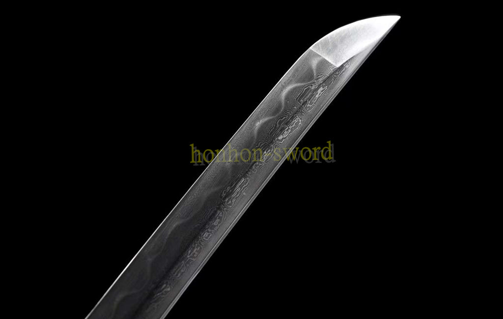 Functional Damascus Folded Steel Clay Tempered Katana Japanese Samurai Sword Black and Red