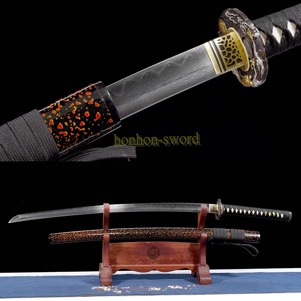Functional Damascus Folded Steel Clay Tempered Katana Japanese Samurai Sword Black and Red