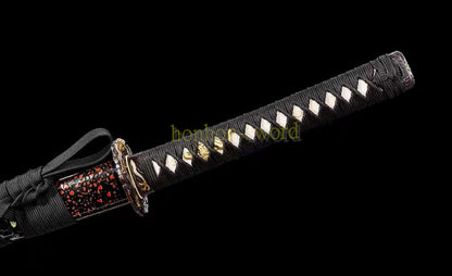 Functional Damascus Folded Steel Clay Tempered Katana Japanese Samurai Sword Black and Red