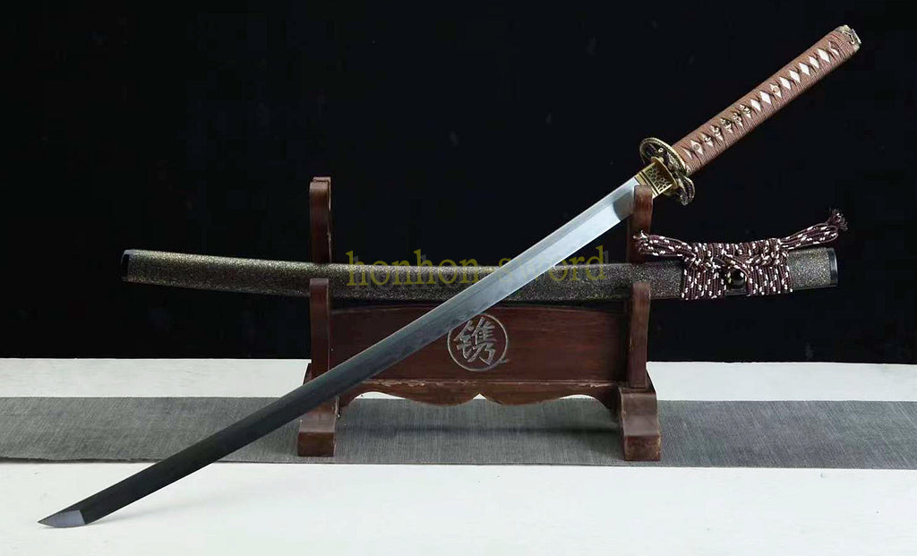 Functional Damascus Folded Steel Clay Tempered Katana Japanese Samurai Sword Black