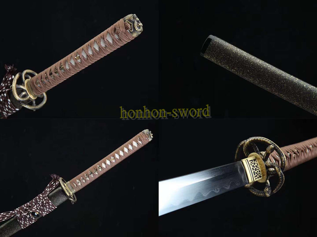 Functional Damascus Folded Steel Clay Tempered Katana Japanese Samurai Sword Black