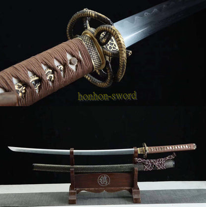 Functional Damascus Folded Steel Clay Tempered Katana Japanese Samurai Sword Black