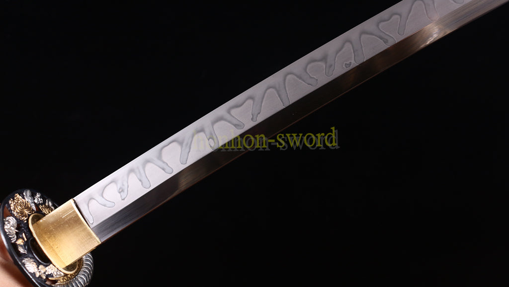 L6 Steel Clay Tempered Katana Choji Hamon Japanese Samurai Sword O Kissaki White