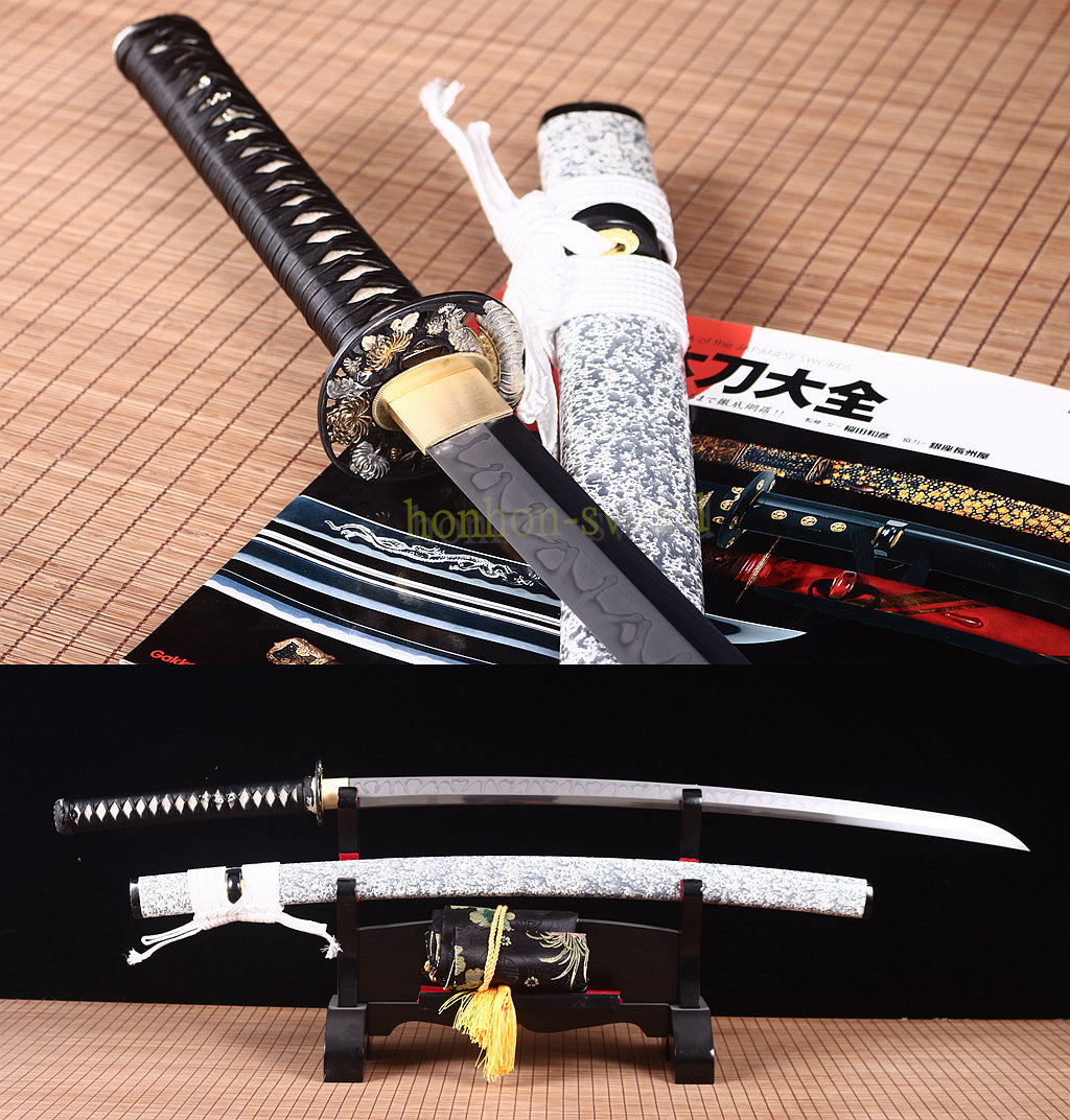L6 Steel Clay Tempered Katana Choji Hamon Japanese Samurai Sword O Kissaki White