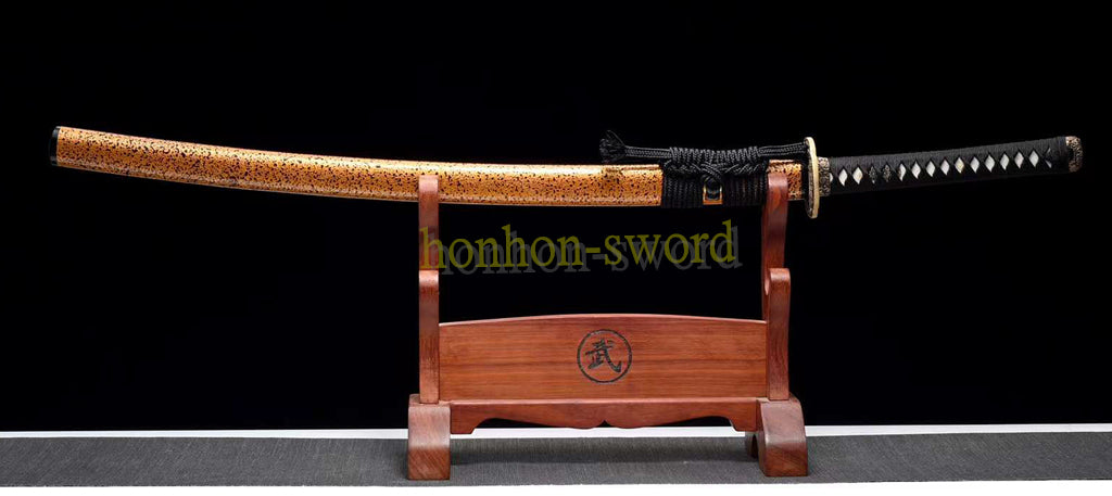 Japanisches Samurai-Schwert Katana aus schwarzem gefaltetem Stahl, Full Tang, handgefertigt, scharfe Klinge, schwarz 