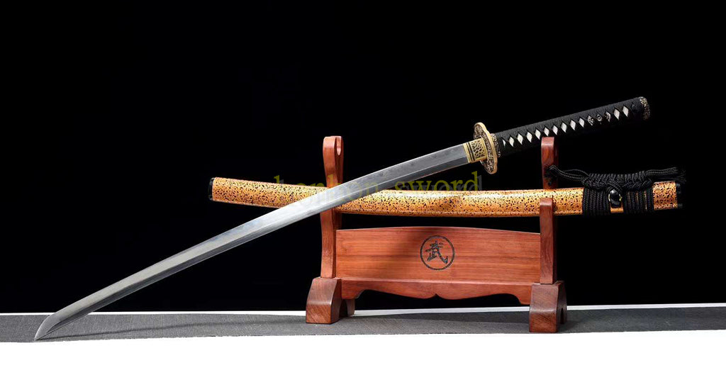 Japanisches Samurai-Schwert Katana aus schwarzem gefaltetem Stahl, Full Tang, handgefertigt, scharfe Klinge, schwarz 