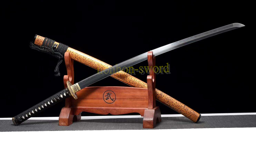 Japanisches Samurai-Schwert Katana aus schwarzem gefaltetem Stahl, Full Tang, handgefertigt, scharfe Klinge, schwarz 