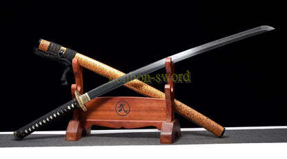 Japanisches Samurai-Schwert Katana aus schwarzem gefaltetem Stahl, Full Tang, handgefertigt, scharfe Klinge, schwarz 
