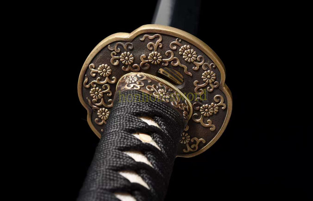 Japanisches Samurai-Schwert Katana aus schwarzem gefaltetem Stahl, Full Tang, handgefertigt, scharfe Klinge, schwarz 