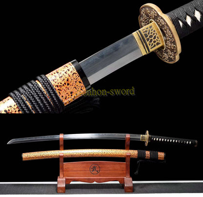 Japanisches Samurai-Schwert Katana aus schwarzem gefaltetem Stahl, Full Tang, handgefertigt, scharfe Klinge, schwarz 