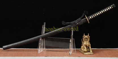 Japanisches Samurai-Schwert Katana aus schwarzem gefaltetem Stahl, Full Tang, handgefertigt, scharfe Klinge, schwarz 