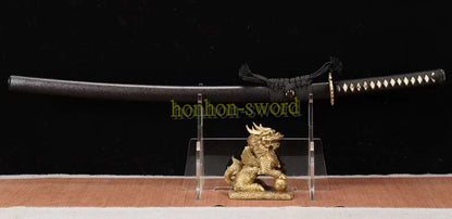 Japanisches Samurai-Schwert Katana aus schwarzem gefaltetem Stahl, Full Tang, handgefertigt, scharfe Klinge, schwarz 