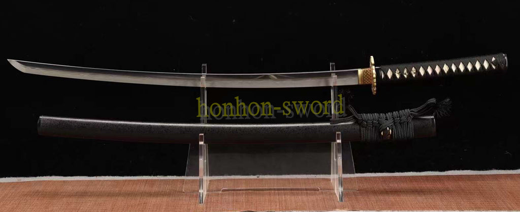 Japanisches Samurai-Schwert Katana aus schwarzem gefaltetem Stahl, Full Tang, handgefertigt, scharfe Klinge, schwarz 