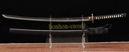 Japanisches Samurai-Schwert Katana aus schwarzem gefaltetem Stahl, Full Tang, handgefertigt, scharfe Klinge, schwarz 
